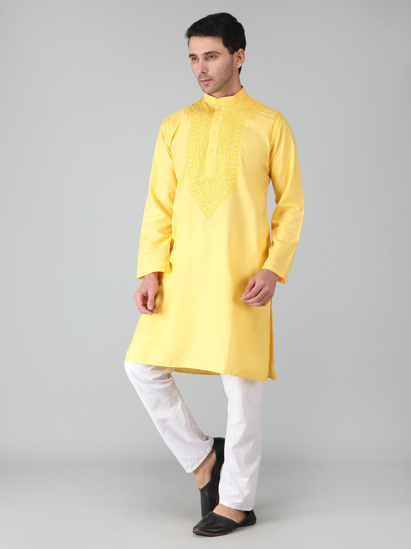 Seva Chikan Hand Embroidered Cotton Lucknowi Chikan Mens Kurta