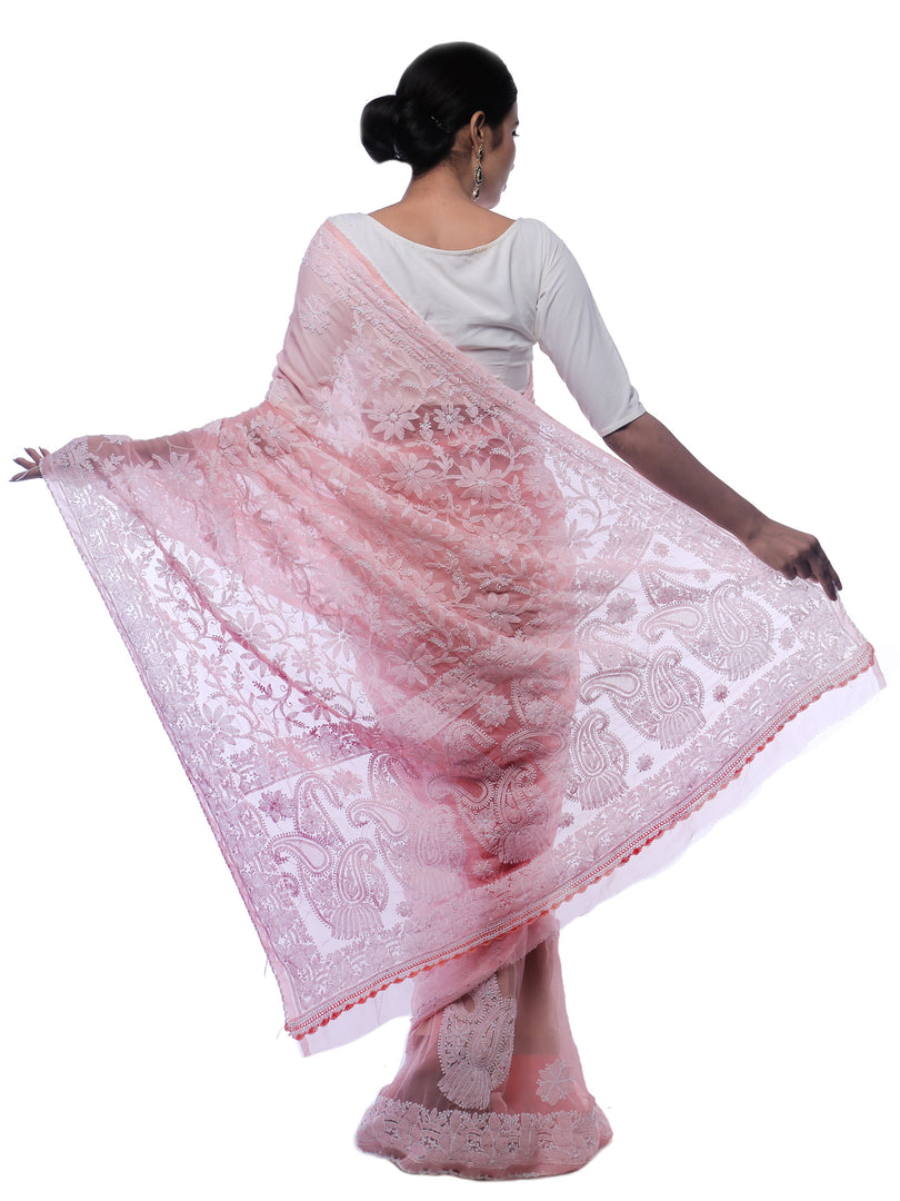 Seva Chikan Hand Embroidered Peach Georgette Lucknowi Saree-SCL0379