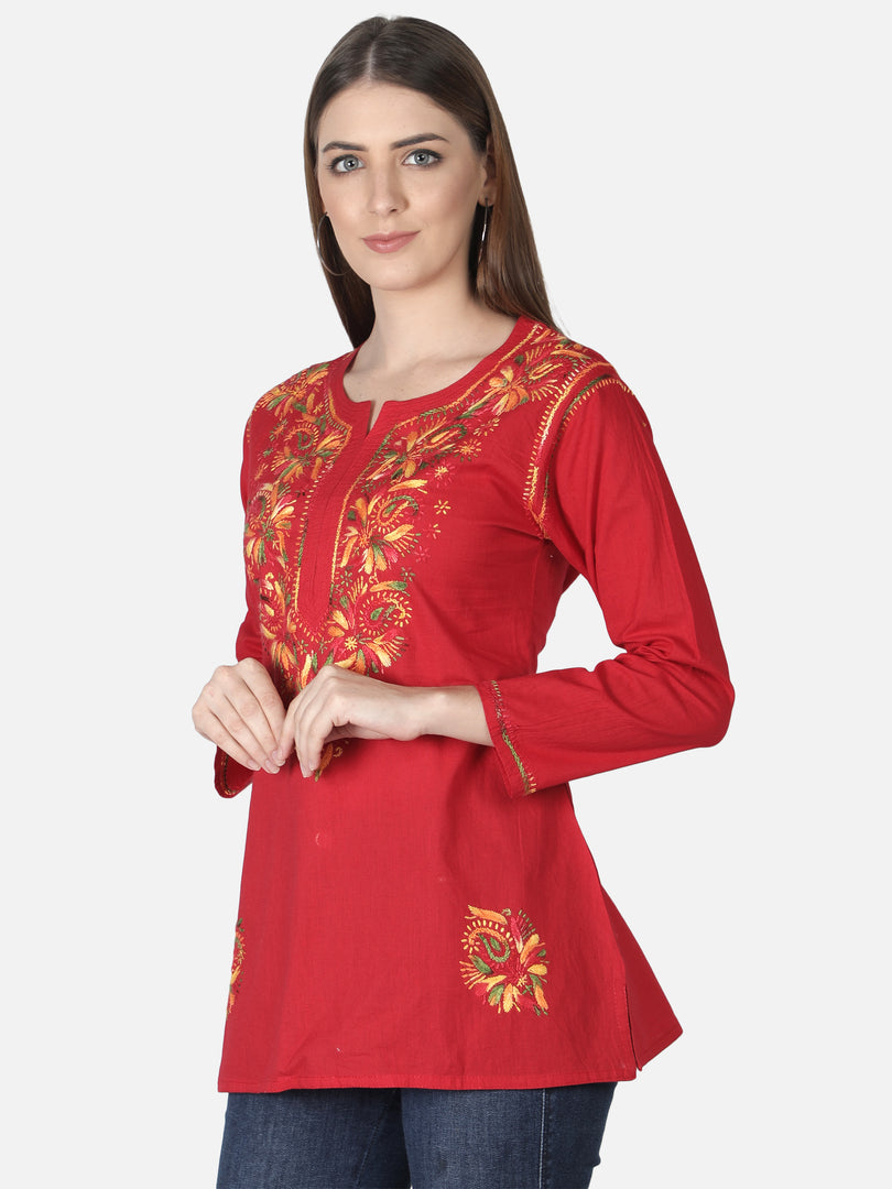 Seva Chikan Hand Embroidered Cotton Lucknowi Chikan Short Top