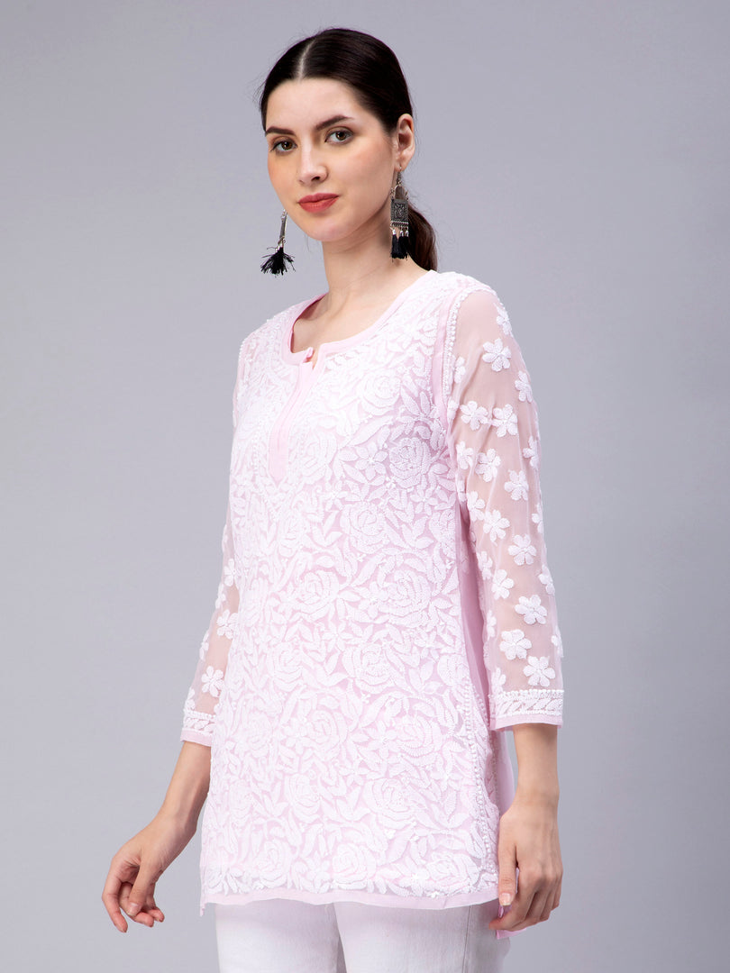 Seva Chikan Hand Embroidered Georgette Lucknowi Chikan Top With Slip