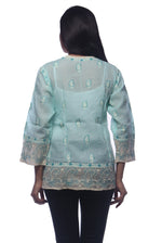 Load image into Gallery viewer, Seva Chikan Hand Embroidered Sea Green Cotton Lucknowi Chikankari Short Top-SCL0345