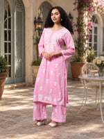 Load image into Gallery viewer, Seva Chikan Hand Embroidered Pink Rayon Lucknowi Chikankari Kurta Set SCL8063