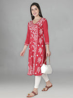 Load image into Gallery viewer, Seva Chikan Hand Embroidered Red Cotton Chikankari Angarkha Style Kurta