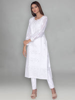 Load image into Gallery viewer, Seva Chikan Hand Embroidered White Cotton Lucknowi Chikankari Kurta With Muqaish Work-SCL0993