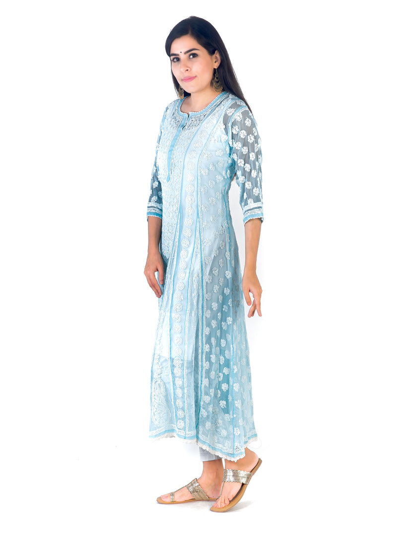 Seva Chikan Hand Embroidered Sky Blue Georgette Lucknowi Chikankari Anarkali-SCL1327