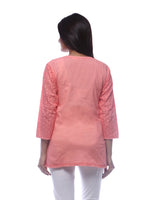 Load image into Gallery viewer, Seva Chikan Hand Embroidered Peach Cotton Lucknowi Chikankari Short Top-SCL0500