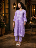 Load image into Gallery viewer, Seva Chikan Hand Embroidered Mauve Rayon Lucknowi Chikankari Kurta Set SCL8090