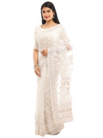 Load image into Gallery viewer, Seva Chikan Hand Embroidered White Georgette Lucknowi Saree With Gotta Patti Work-SCL1952