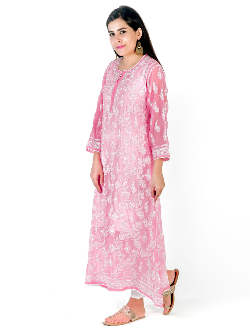 Seva Chikan Hand Embroidered Pink Georgette Lucknowi Chikankari Anarkali-SCL1288