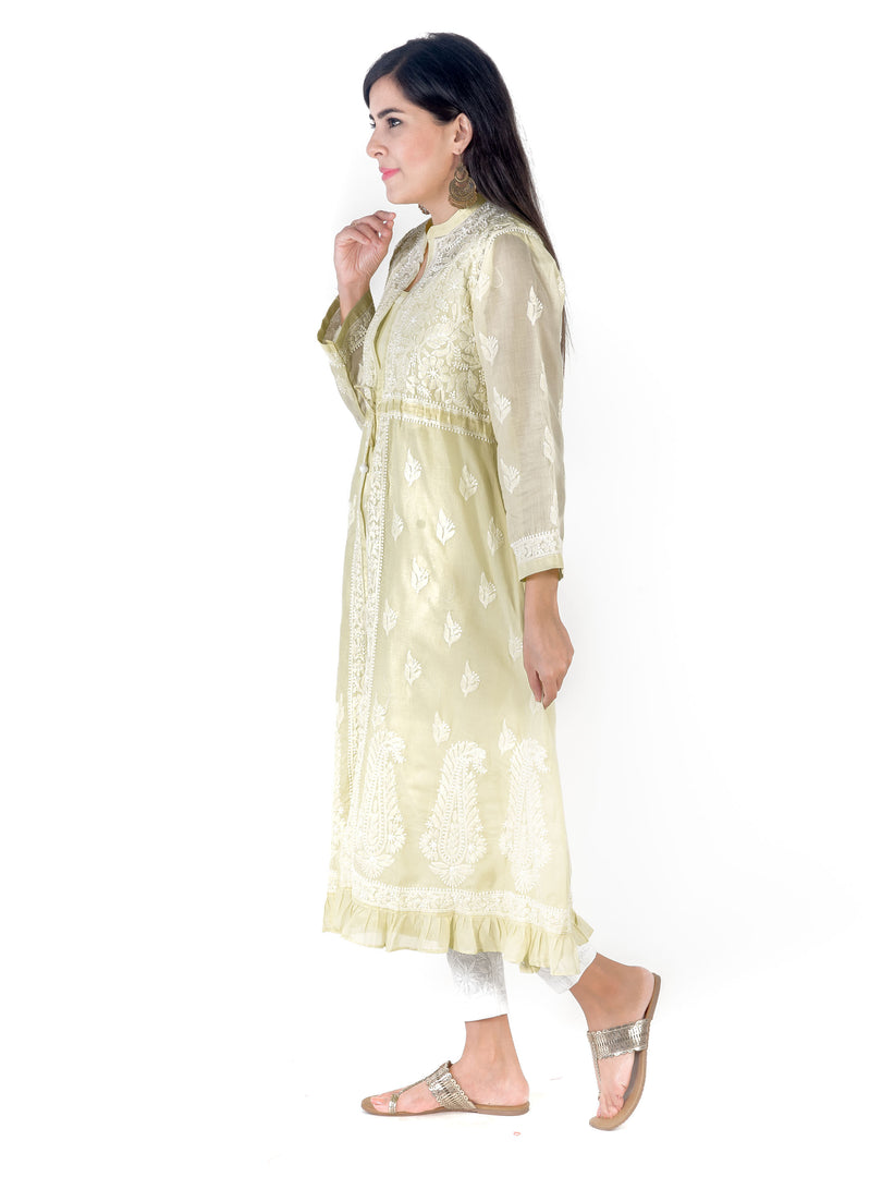 Seva Chikan Hand Embroidered Lemon Cotton Lucknowi Chikankari Anarkali-SCL1367