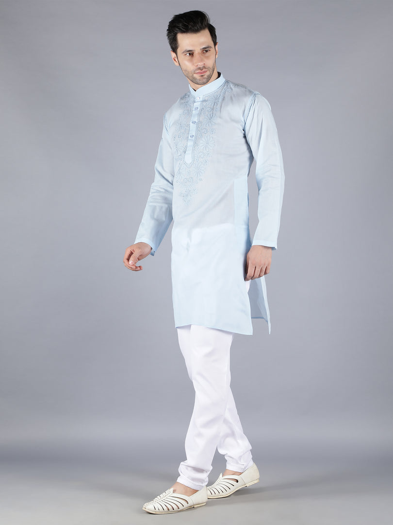 Seva Chikan Hand Embroidered  Cotton Lucknowi Chikan Mens Stitched Kurta