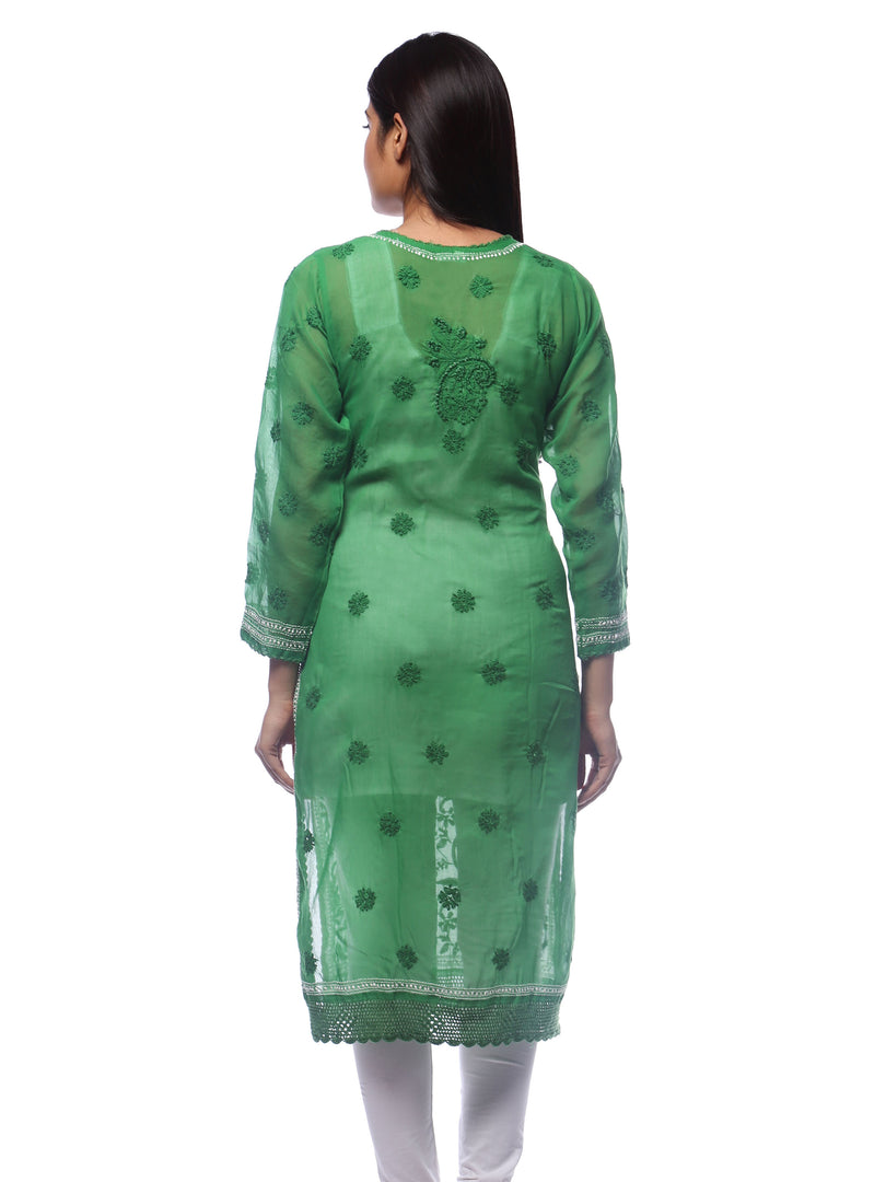 Seva Chikan Hand Embroidered Green Cotton Lucknowi Chikan Kurti-SCL0260