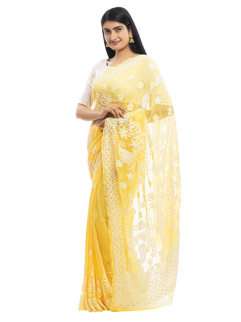 Seva Chikan Hand Embroidered Yellow Georgette Lucknowi Saree With Pearl Work-SCL1989