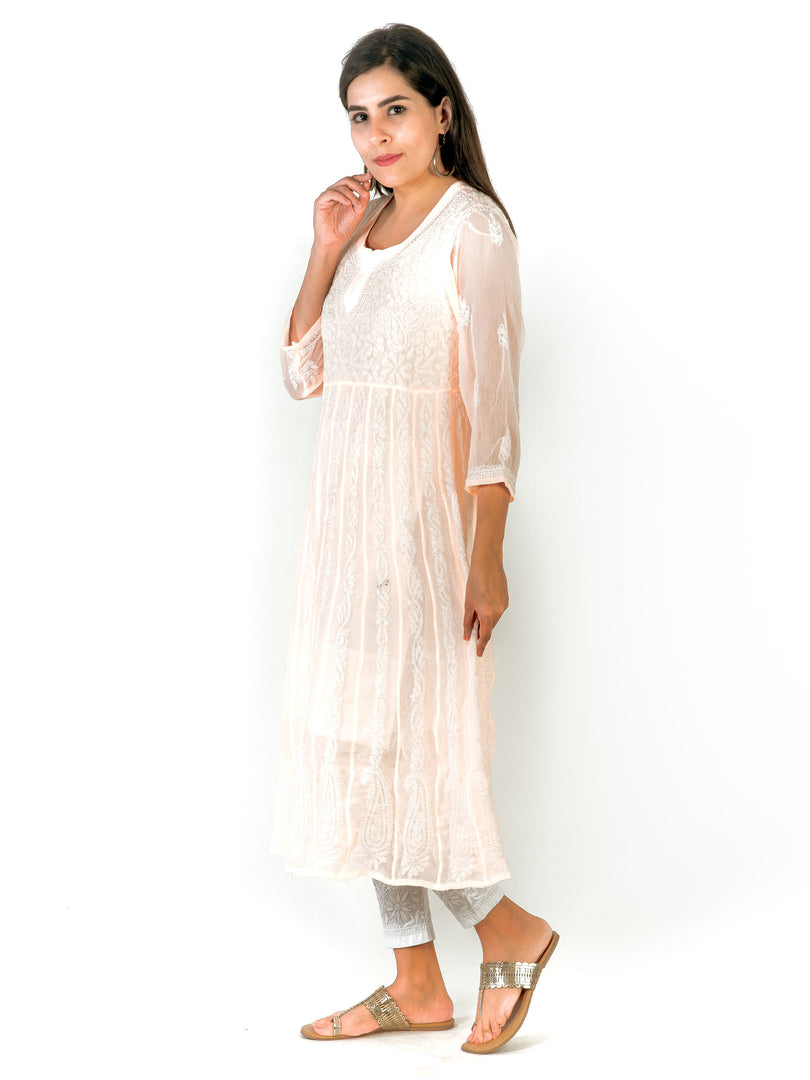 Seva Chikan Hand Embroidered Light Peach Georgette Lucknowi Chikankari Anarkali-SCL1254