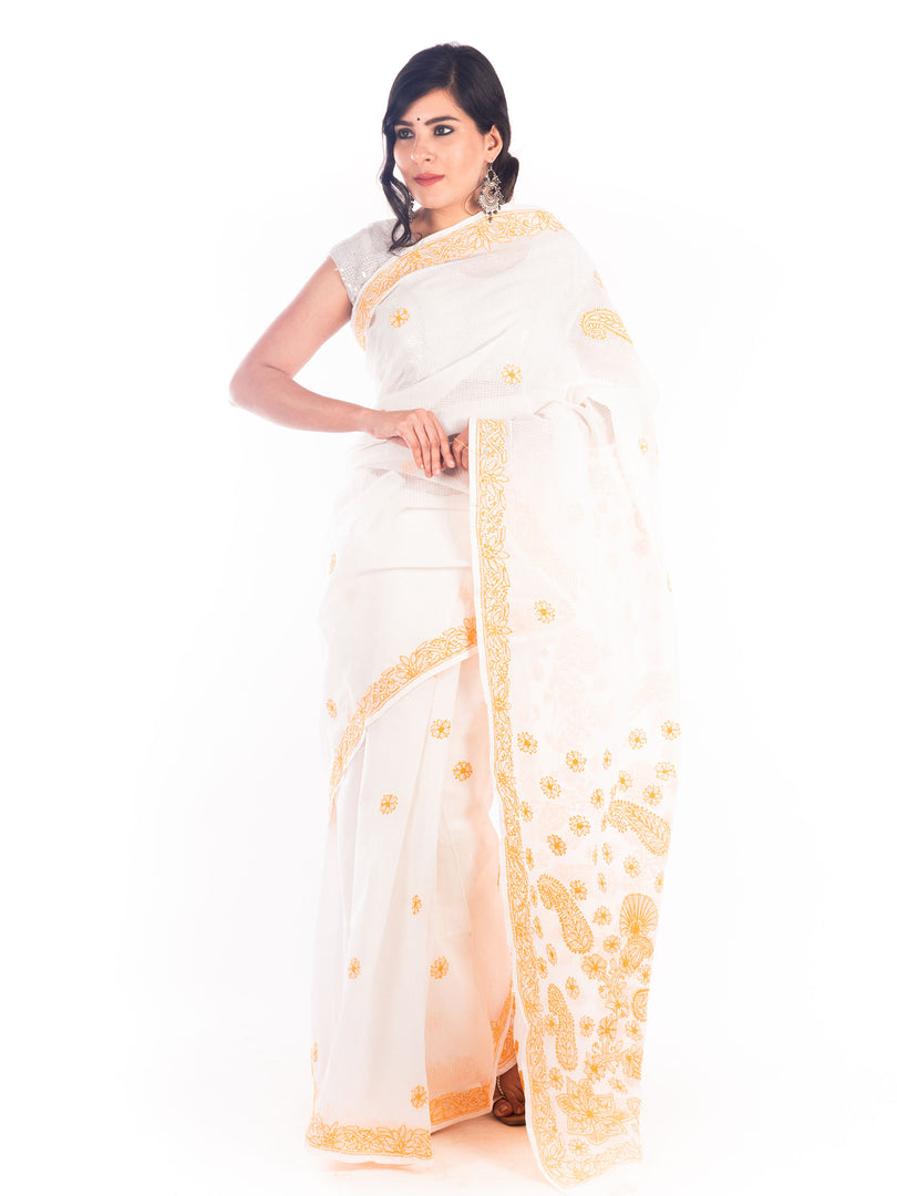Seva Chikan Hand Embroidered White Kota Lucknowi Saree-SCL1196
