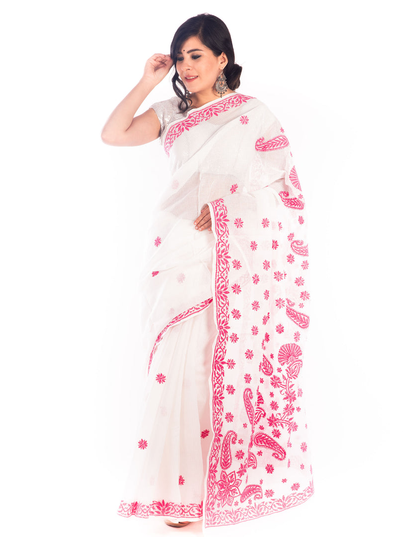 Seva Chikan Hand Embroidered White Kota Lucknowi Saree-SCL1197