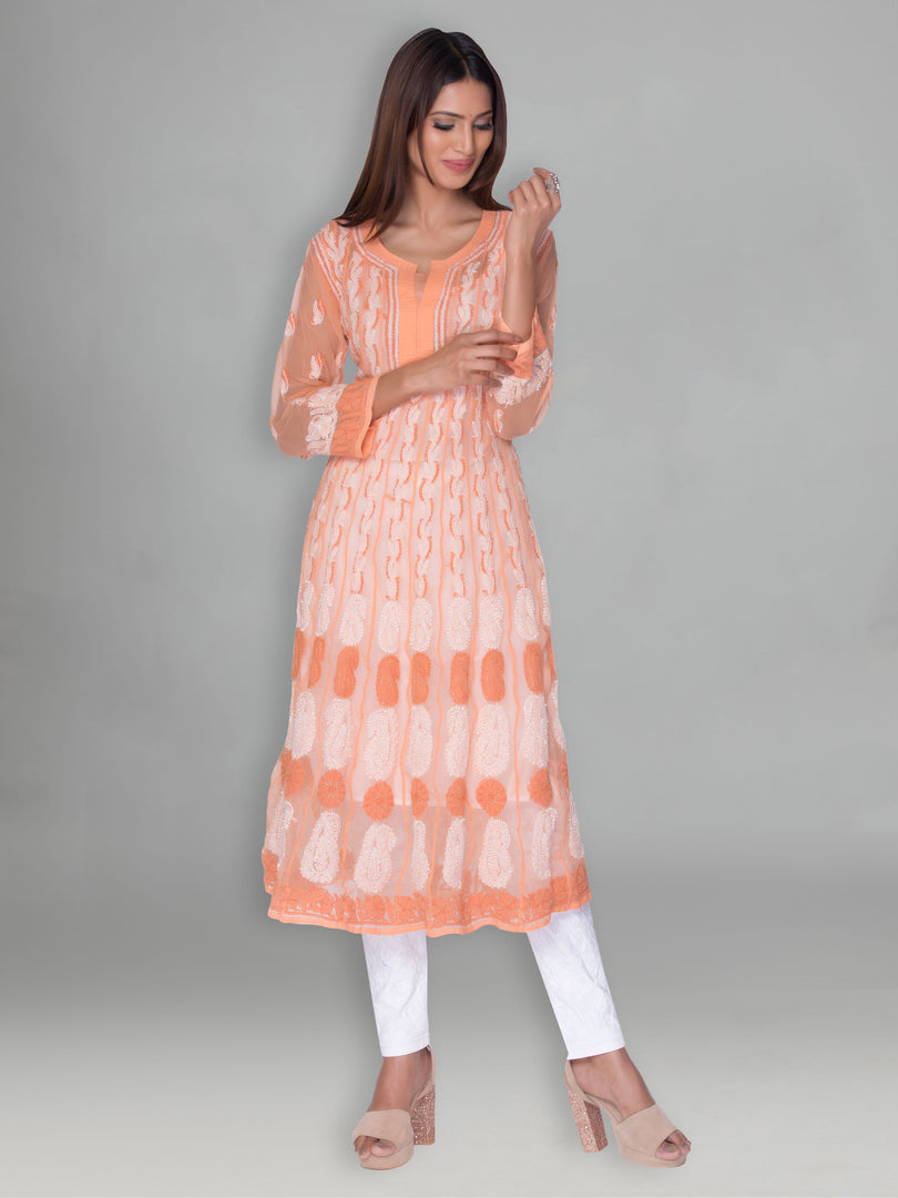 Seva Chikan Hand Embroidered Peach Faux Georgette Lucknowi Chikankari Anarkali Kurta-SCL0958
