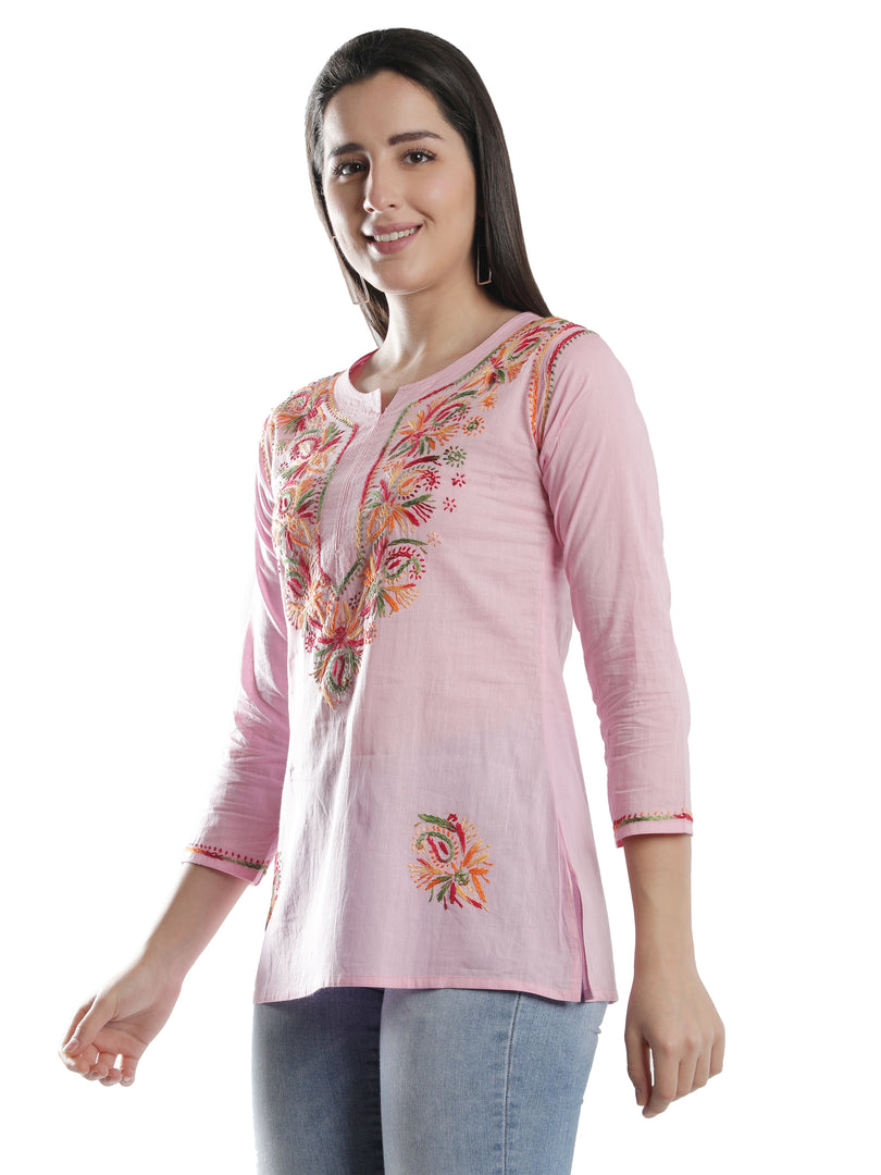 Seva Chikan Hand Embroidered Cotton Lucknowi Chikan Short Top