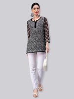 Load image into Gallery viewer, Seva Chikan Hand Embroidered Lucknowi Chikankari Black Georgette Short Top With Cotton Slip SCL9082