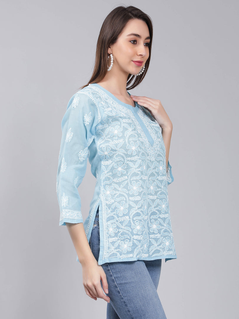 Seva Chikan Hand Embroidered Terivoil Cotton Lucknowi Chikan Top