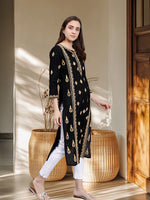 Load image into Gallery viewer, Seva Chikan Hand Embroidered Black Cotton Lucknowi Chikankari Kurta