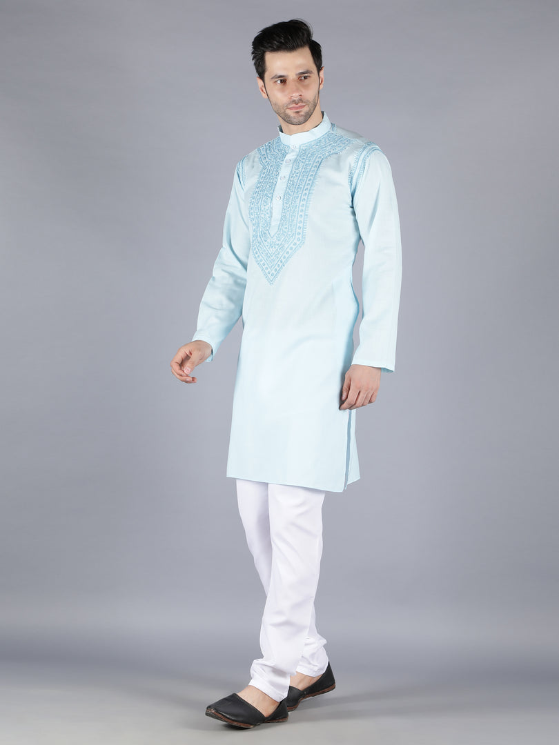 Seva Chikan Hand Embroidered Cotton Lucknowi Chikan Mens Kurta