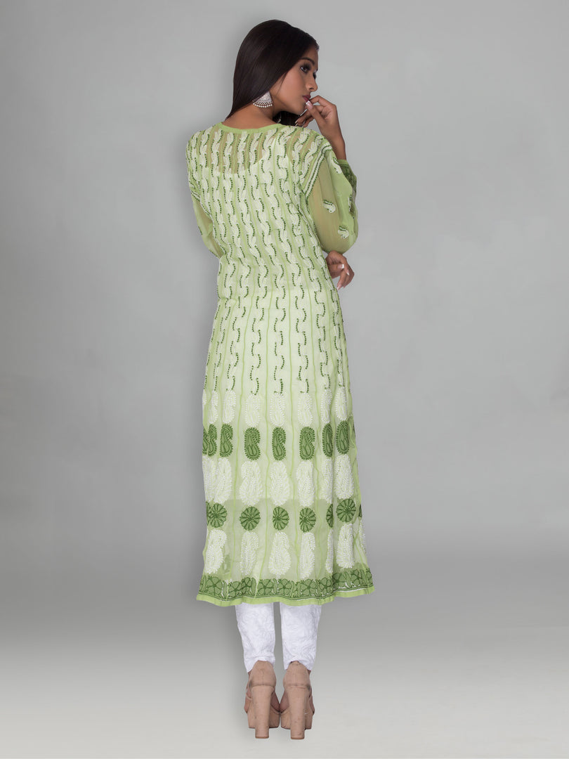 Seva Chikan Hand Embroidered Green Faux Georgette Lucknowi Chikankari Anarkali Kurta-SCL0957