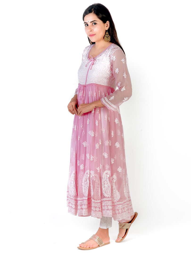 Seva Chikan Hand Embroidered Pink Georgette Lucknowi Chikankari Anarkali-SCL1319