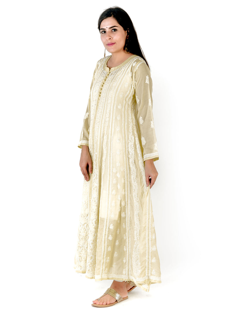 Seva Chikan Hand Embroidered Light Green Cotton Lucknowi Chikankari Anarkali-SCL1324