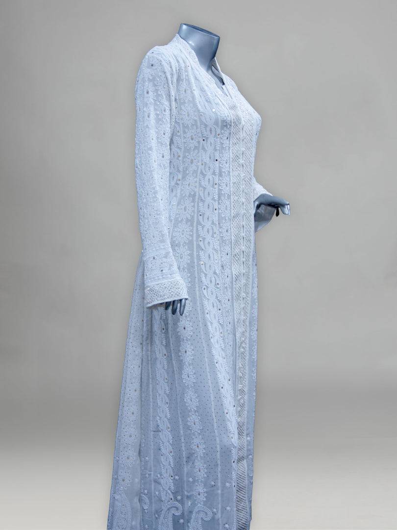 Seva Chikan Hand Embroidered White Pure Georgette Lucknowi Chikankari Semi-Stitched Anarkali & Dupatta With Mukaish Work-SCL0879