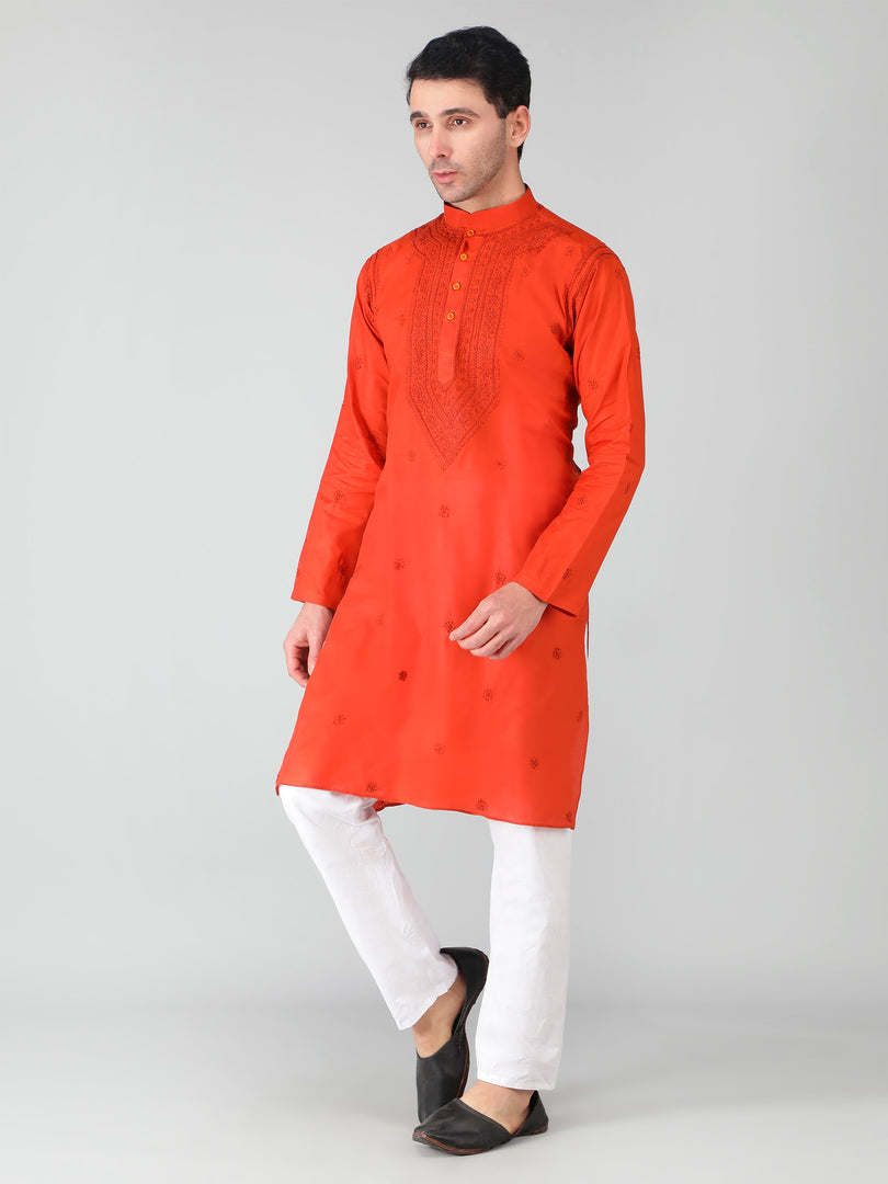 Seva Chikan Hand Embroidered Cotton Lucknowi Chikan Mens Stitched Kurta