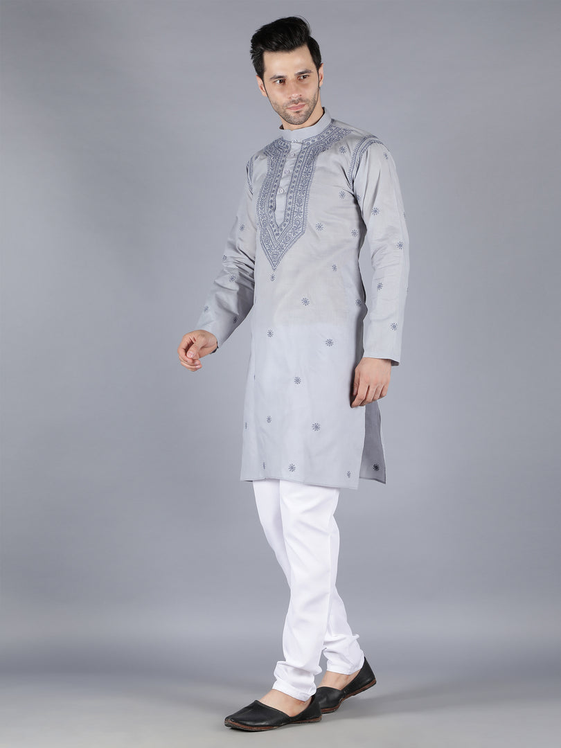 Seva Chikan Hand Embroidered Cotton Lucknowi Chikan Mens Stitched Kurta