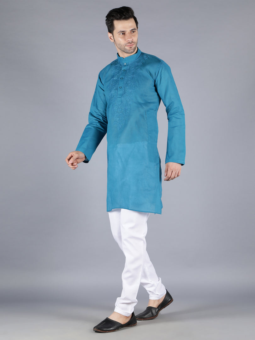 Seva Chikan Hand Embroidered  Cotton Lucknowi Chikan Mens Stitched Kurta