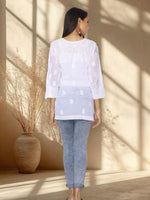 Load image into Gallery viewer, Seva Chikan Hand Embroidered White Cotton Lucknowi Chikan Short Kurti SCL1014