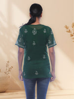 Load image into Gallery viewer, Seva Chikan Hand Embroidered Dark Green Georgette Lucknowi Chikankari Short Top SCL0162