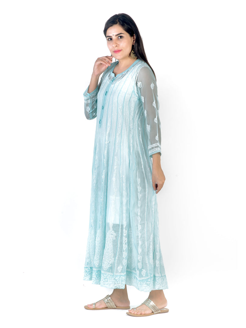 Seva Chikan Hand Embroidered Blue Georgette Lucknowi Chikankari Anarkali-SCL1338