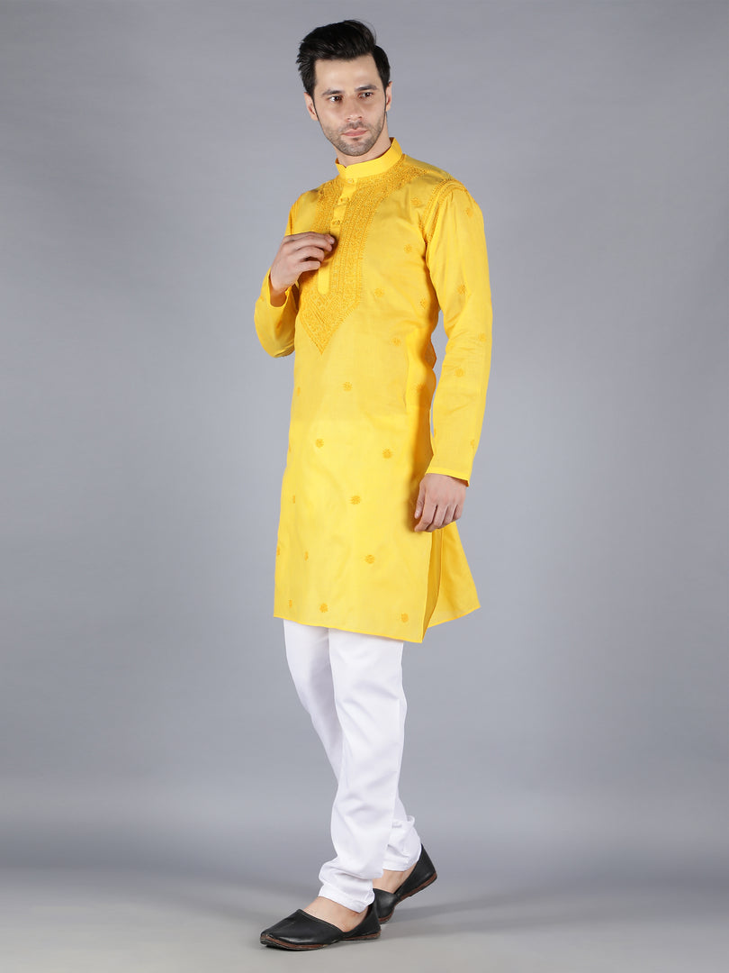Seva Chikan Hand Embroidered Cotton Lucknowi Chikan Mens Stitched Kurta