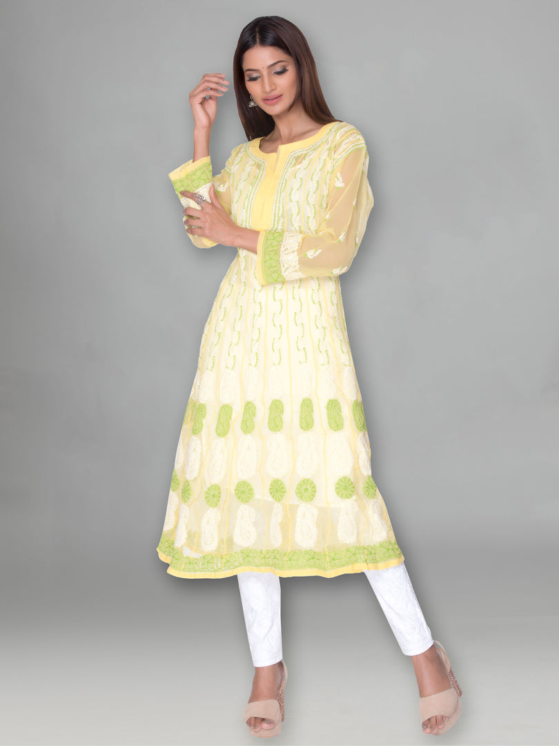 Seva Chikan Hand Embroidered Yellow Faux Georgette Lucknowi Chikankari Anarkali Kurta-SCL0961