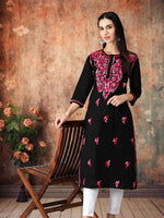 Load image into Gallery viewer, Seva Chikan Hand Embroidered Black Cotton Lucknowi Chikankari Kurta