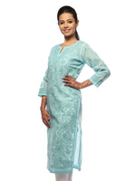 Load image into Gallery viewer, Seva Chikan Hand Embroidered Turquoise Cotton Lucknowi Chikan Kurta-SCL0637