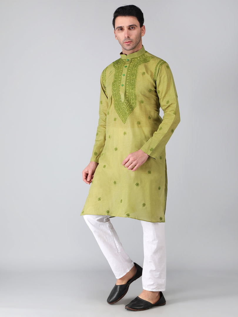 Seva Chikan Hand Embroidered Cotton Lucknowi Chikan Mens Stitched Kurta