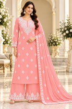 Load image into Gallery viewer, Seva Chikan Hand Embroidered Peach Georgette Lucknowi Chikankari Unstitched Suit Piece-SEV15048