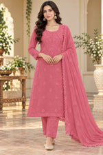 Load image into Gallery viewer, Seva Chikan Hand Embroidered Carrot Pink Georgette Lucknowi Chikankari Unstitched Suit Piece-SEV15033