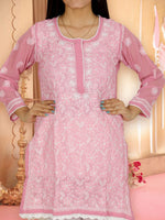 Load image into Gallery viewer, Seva Chikan Hand Embroidered Dark Pink Georgette Lucknowi Chikan Short Kurti SCL0339