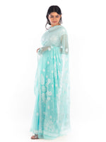 Load image into Gallery viewer, Seva Chikan Hand Embroidered Turquoise Georgette Lucknowi Saree-SCL1169
