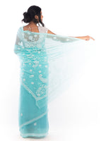 Load image into Gallery viewer, Seva Chikan Hand Embroidered Turquoise Georgette Lucknowi Saree-SCL1166