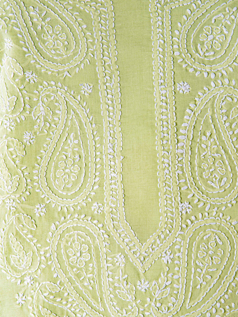 Seva Chikan Hand Embroidered Light Green Cotton Lucknowi Chikan Unstitched Suit Piece-SCL1487