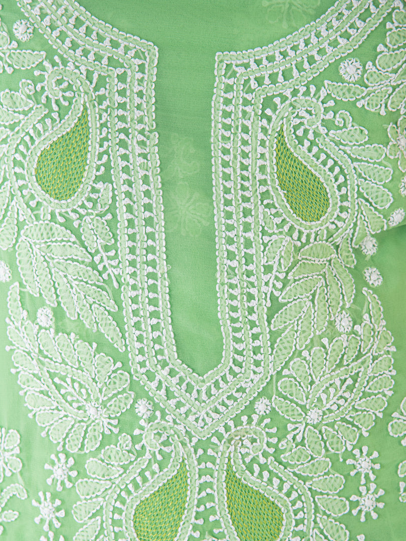 Seva Chikan Hand Embroidered Light Green Cotton Lucknowi Chikan Unstitched Suit Piece-SCL1490