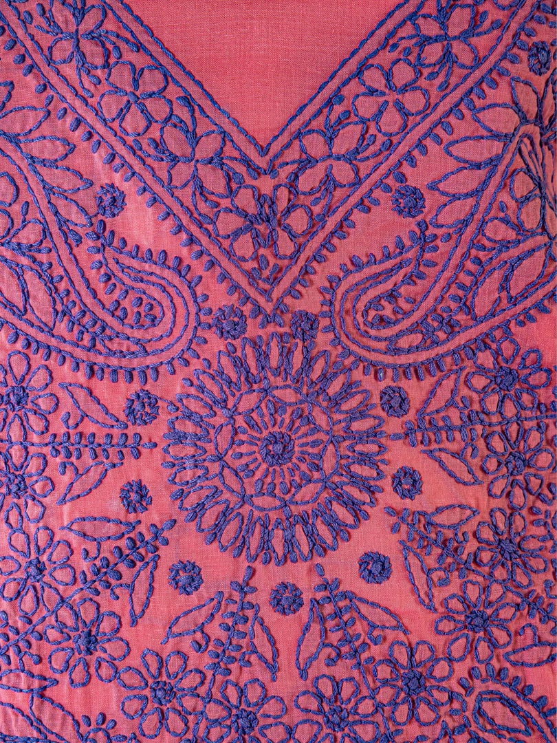 Seva Chikan Hand Embroidered Dark Pink Cotton Lucknowi Chikan Unstitched Suit Piece-SCL1491