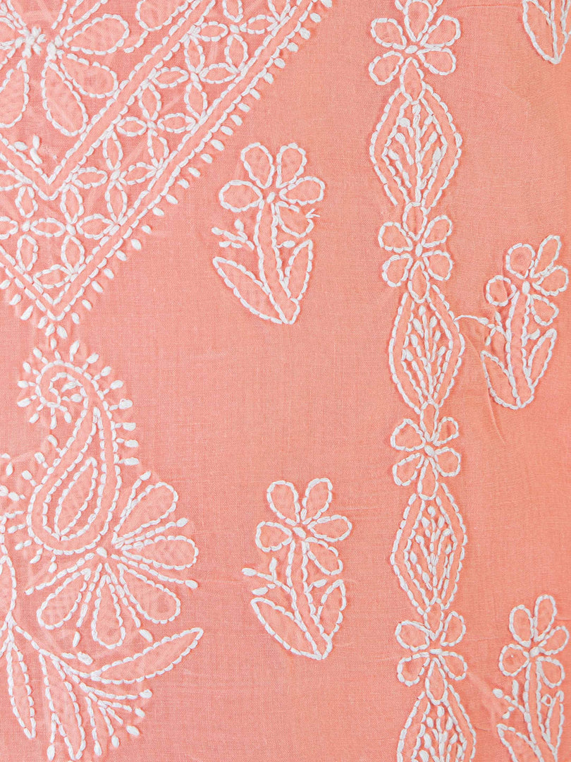 Seva Chikan Hand Embroidered Peach Cotton Lucknowi Chikan Unstitched Suit Piece-SCL1492